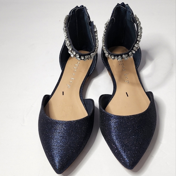 Copper Keys Women's Ankle Strap Rhinestone Point Toe Glitter Navy Flats Size 6 - Picture 4 of 8